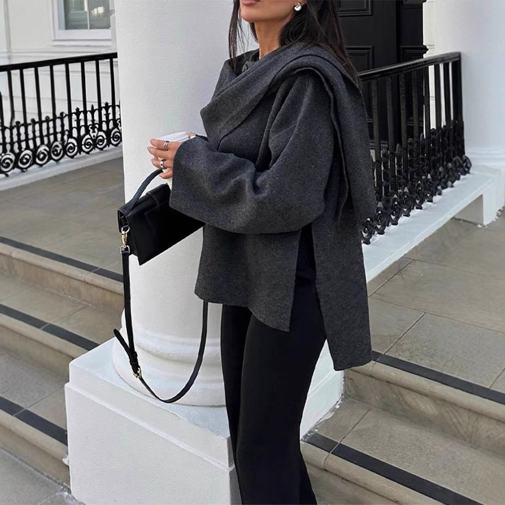 Knitted short long-sleeved coat, European and American cross-border autumn and winter lazy loose shawl cape scarf cardigan - Image 4