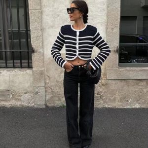 2023 autumn and winter new hot sale European and American round neck striped button-up curved sweater cardigan jacket 20230168