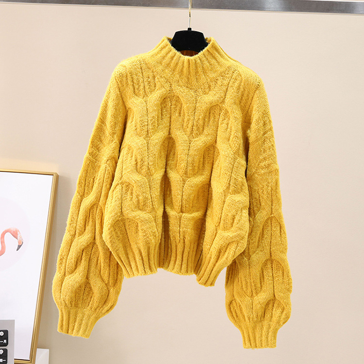Lantern puff sleeve round neck cable knit pullover sweater for women, autumn and winter, lazy style, Korean style, loose and thick cable knit sweater - Image 6