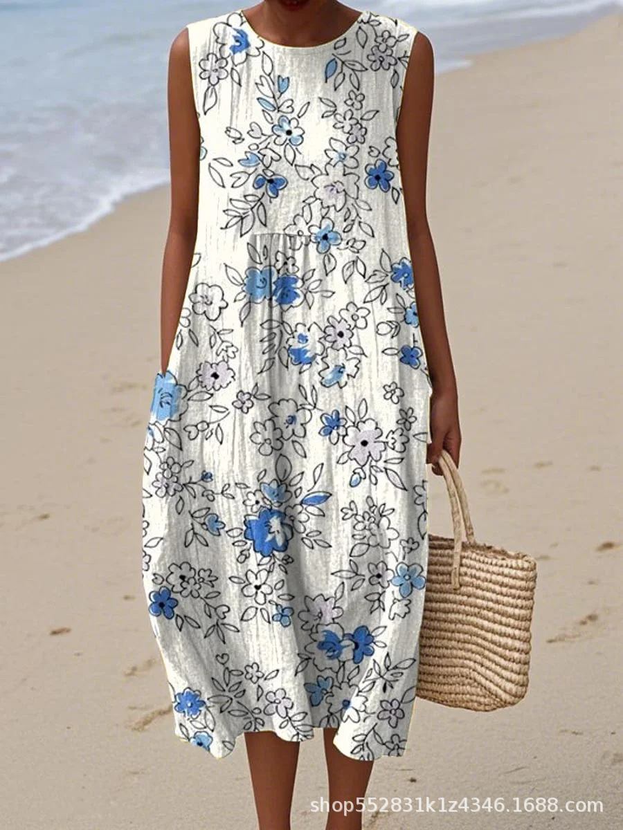 2025 European and American spring and summer new sleeveless casual printed temperament long dress slim small fresh casual dress - Image 35