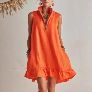 Women's Cotton-Linen V-Neck Dress