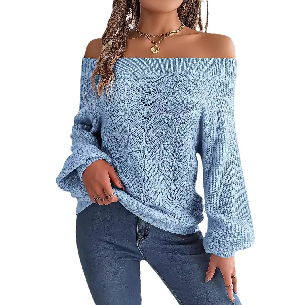 Real shot of 2025 Autumn/Winter casual solid color hollowed-out off-shoulder lantern sleeve sweater. Independent website cross-border women's clothing. - Image 5