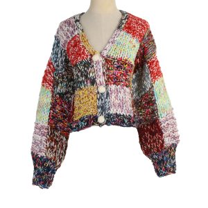 European and American style autumn/winter new V-neck cardigan sweater, color blocking, slimming, loose, elegant, soft and cozy cardigan coat.