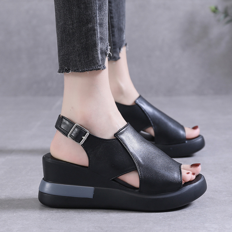 Thick-soled wedge sandals women's 2021 new summer high-heeled fish mouth women's shoes soft leather increased platform shoes - Image 2