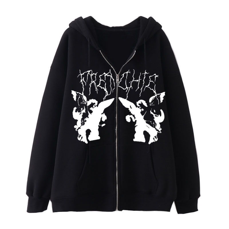 New arrival Skull Wings Hooded Zipper Sweatshirt Women Korean Style Plus Velvet Thickened Loose Sports Cardigan Sweatshirt Women - Image 9