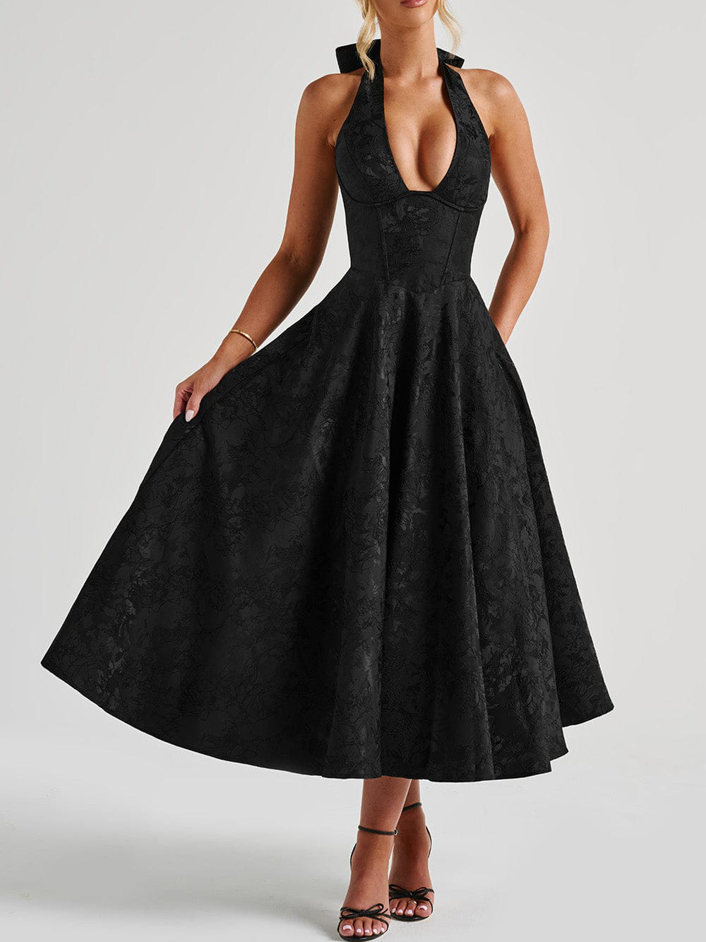 European and American cross-border V-neck halter neck jacquard dress high-end evening dress spring and summer temperament sleeveless backless waist long dress - Image 10
