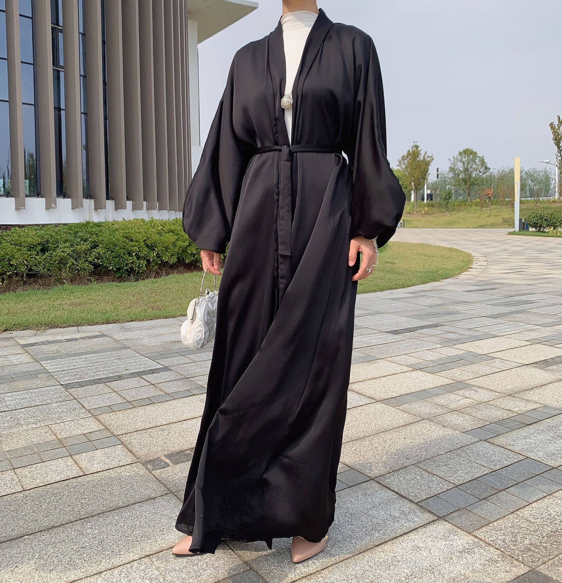 Spot cross-border European and American Muslim women's bubble satin cardigan robe Middle East Dubai long-sleeved dress Muslim - Image 11
