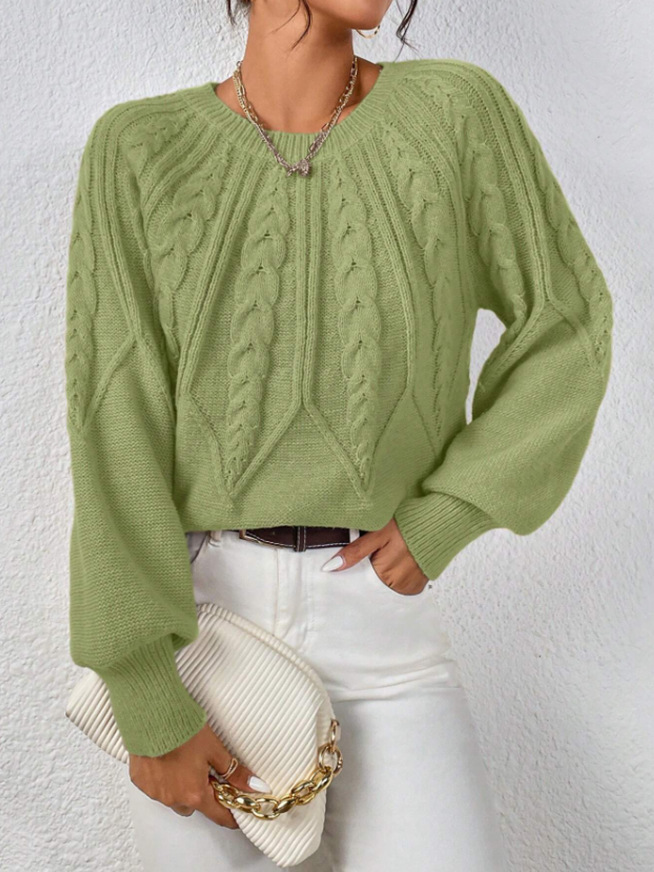 Amazon pullover crew neck knit sweater, cross-border foreign trade, long-sleeved cable knit solid color autumn and winter versatile knit top for women - Image 7