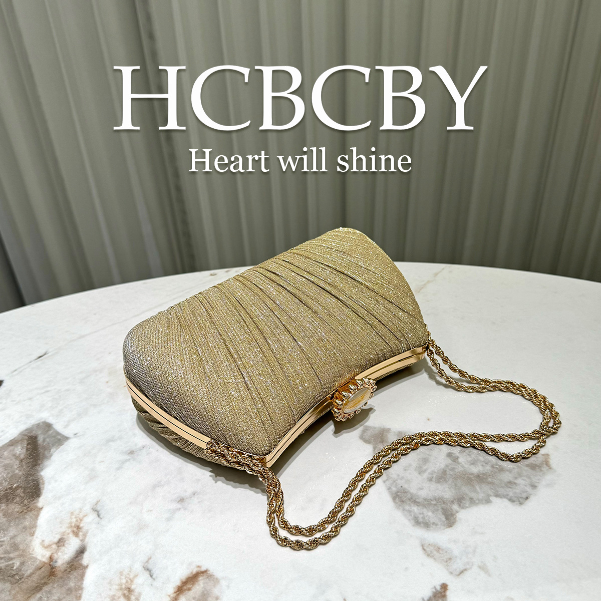Gold glitter pleated chain decoration handbag evening bag women's fashionable and elegant handbag evening bag - Image 4