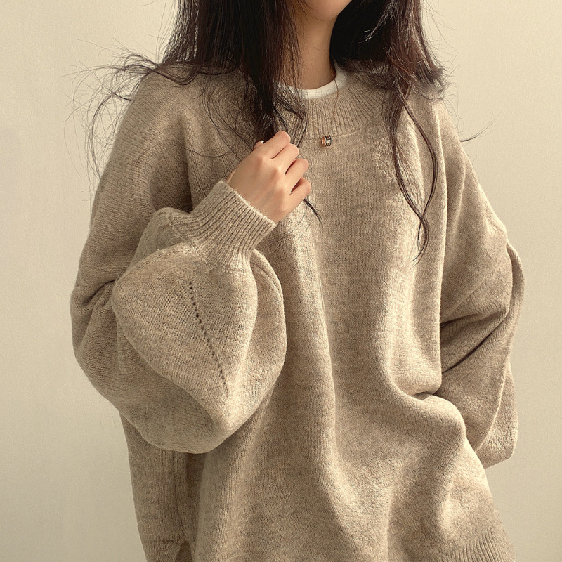 chic autumn and winter French lazy style round neck side slit loose casual versatile long sleeve warm knitted sweater - Image 4