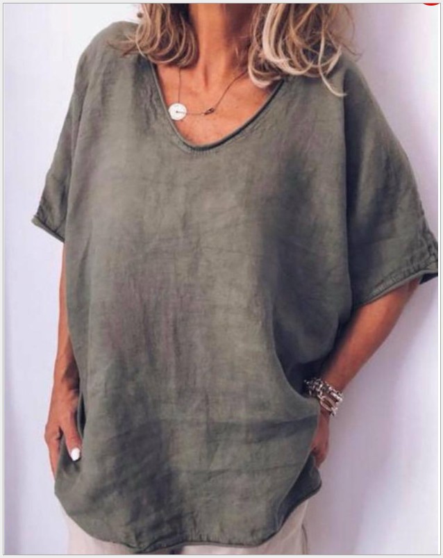 Cross-border e-commerce 2025 Amazon Europe and America Summer New Solid Color Loose Short Sleeve Casual Cotton Linen T-shirt - Image 10