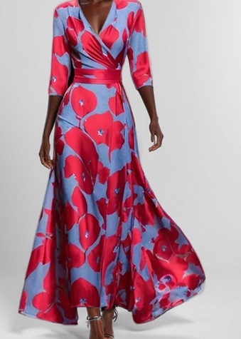 2025 European and American foreign trade Amazon fashion elegant temperament V-neck women's printed tie-waist full skirt dress - Image 7