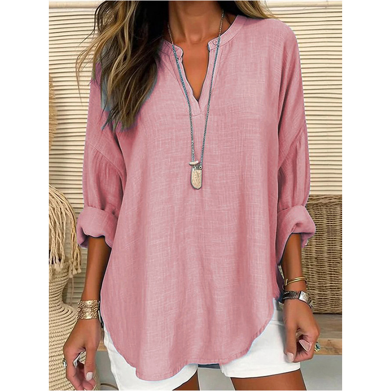 2023 cross-border foreign trade Europe and America hot-selling women's autumn and winter V-neck cotton and linen pure large size shirt - Image 11