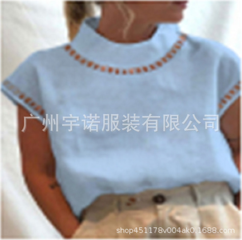 Amazon wish AliExpress 2022 new European and American women's pullover solid color lace slim stand collar shirt - Image 2