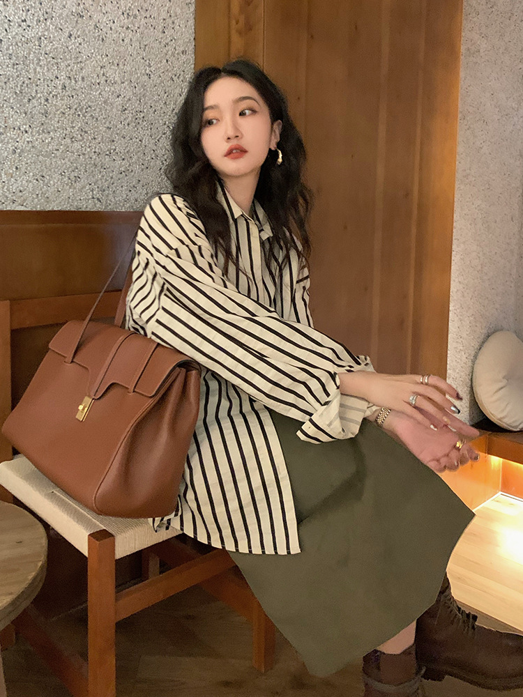 Lazy French style Hong Kong style temperament long-sleeved tops for women, design niche striped shirts, all-match early autumn - Image 4
