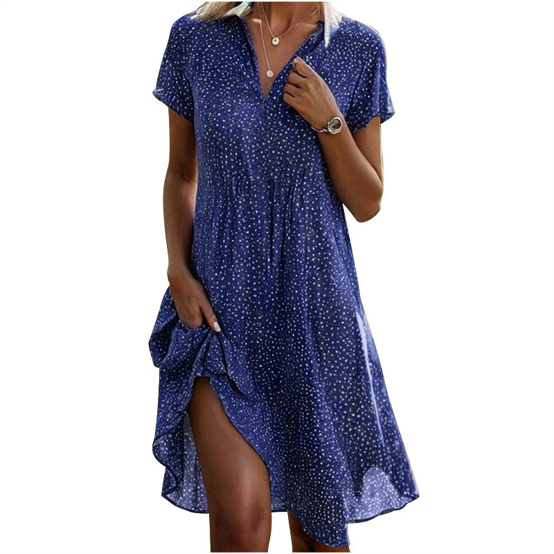 New European and American cross-border trade summer long dress, casual loose V-neck short-sleeved printed polka dot shirt dress for women. - Image 15