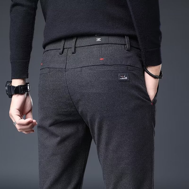 Men's casual trousers autumn and winter high-end business straight trousers men's slim elastic brushed woolen trousers casual trousers - Image 3