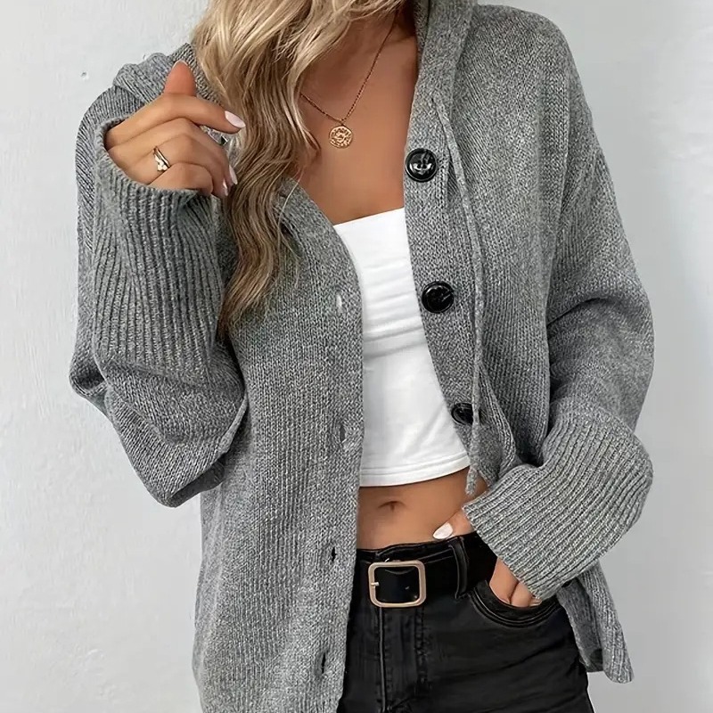 Solid color hooded single-breasted cross-border sweater for women, 2025 autumn and winter new style drawstring knitted cardigan for women.