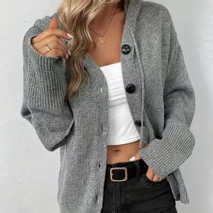 Solid color hooded single-breasted cross-border sweater for women, 2025 autumn and winter new style drawstring knitted cardigan for women.