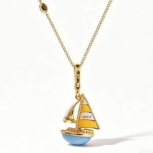 High-end enamel blue sailboat pendant necklace with fresh lettering, suitable for cross-border trade and export.