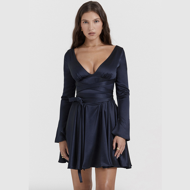 European and American style autumn and winter new cross-border women's fashionable V-neck sexy backless strappy waist-slimming dress for women - Image 5
