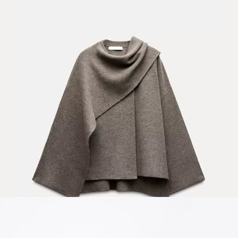 Knitted short long-sleeved coat, European and American cross-border autumn and winter lazy loose shawl cape scarf cardigan - Image 7
