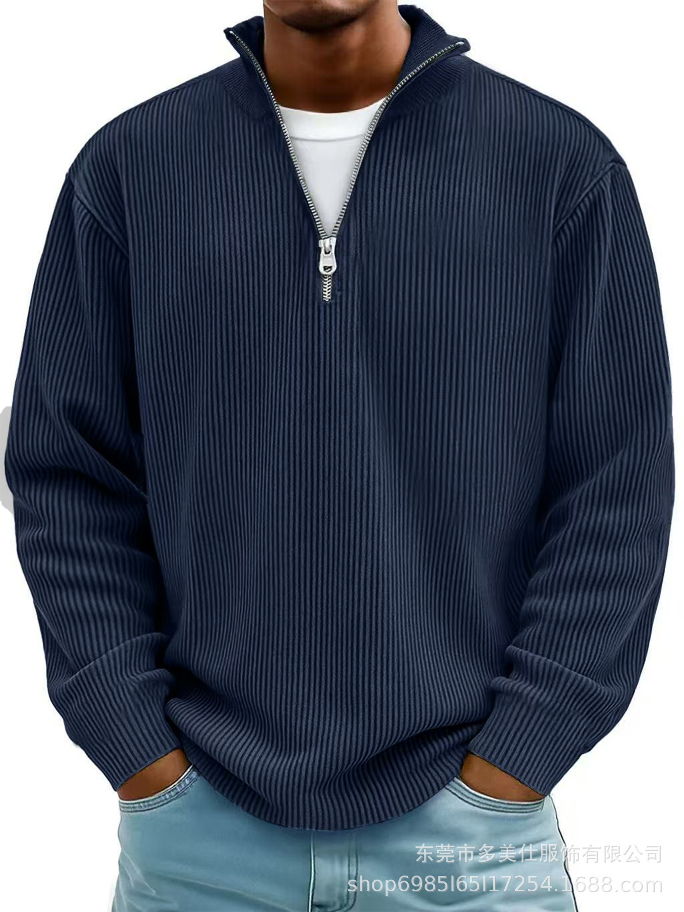 Amazon 2025 Fall/Winter New Men's Casual Stand Collar Zipper Corduroy Long Sleeve Polo Shirt/Sweatshirt - Image 6