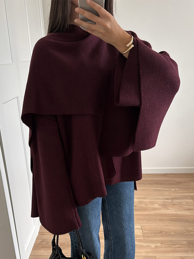 Knitted short long-sleeved coat, European and American cross-border autumn and winter lazy loose shawl cape scarf cardigan - Image 5