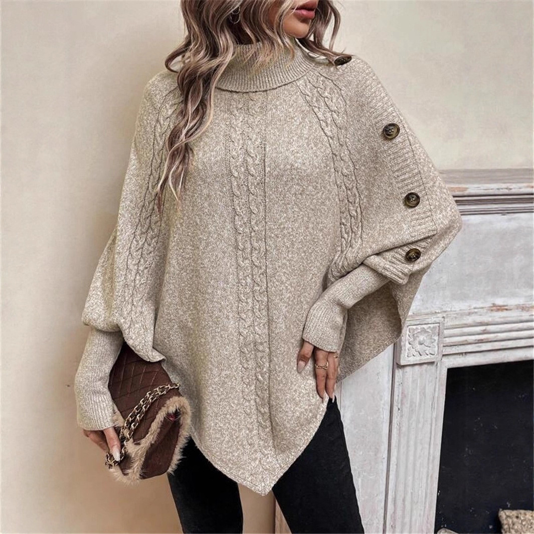 European and American style autumn/winter cable knit women's sweater, Amazon cross-border fashion high neck button decoration long sleeve batwing sweater
