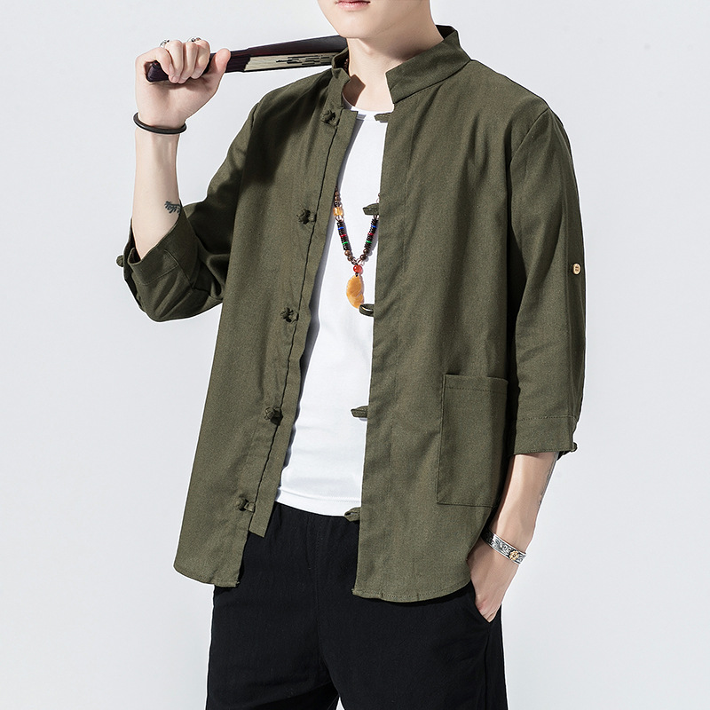2022 summer new men's Chinese style solid color cotton linen stand collar 7 points sleeve shirt button retro casual shirt - Image 3