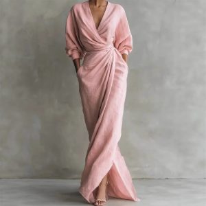 2026 New European and American Style Women's Solid Color V-Neck Long Sleeve Slit Waist Fitted Pocket Dress (Amazon Independent Store)