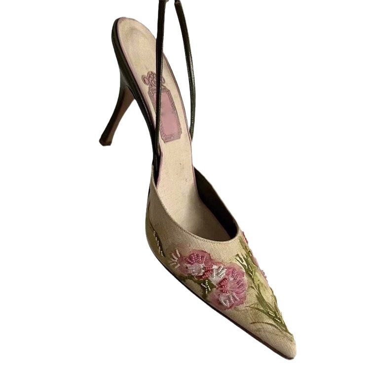 Embroidered pointed stiletto high heels 2024 new summer Chinese style shallow mouth hollow single shoes women's closed toe sandals - Image 6