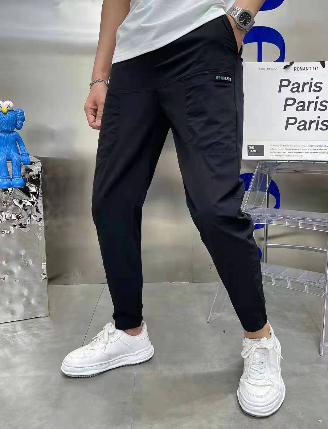2022 Summer Ice Silk Spliced Six Pockets Embroidered High Elastic Men's Casual Pants Douyin Kuaishou Internet Celebrity Casual Pint Pants - Image 3