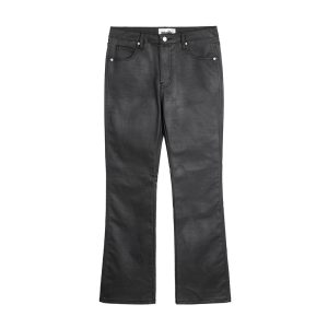 New trendy and unique high-street black flared coated waxed jeans, casual, stylish, and flattering loose-fitting denim trousers.