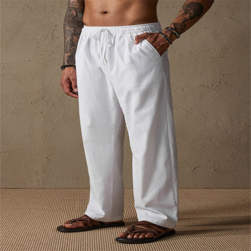 Cross-border European and American style men's linen drawstring solid color breathable outdoor loose casual straight leg cotton linen trousers - Image 16