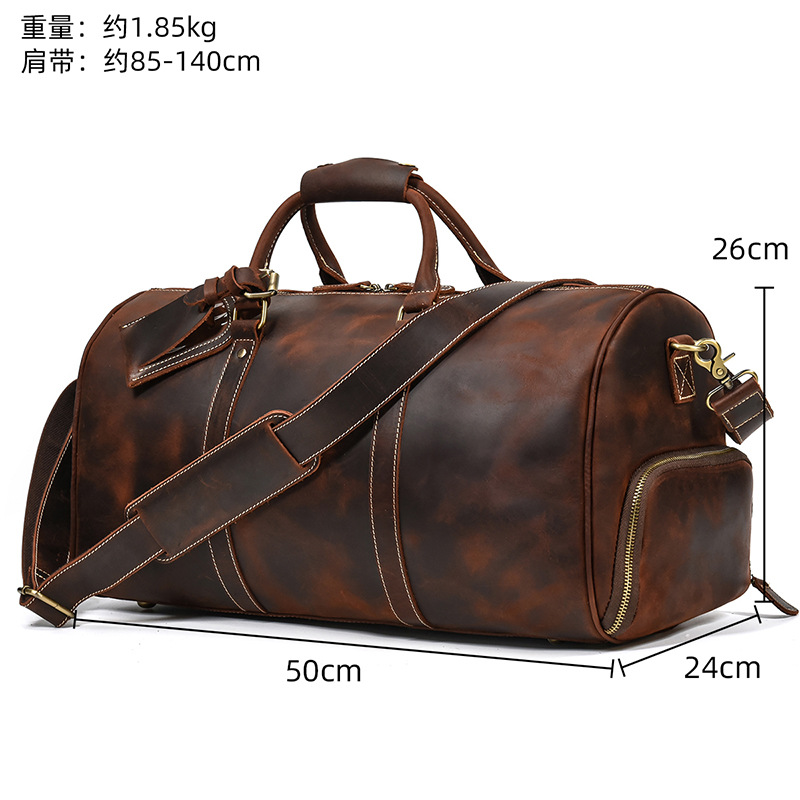 Retro Crazy Horse Leather Travel Bag for Men, Genuine Leather Luggage Bag, 20-inch Large Capacity Handbag with Shoe Compartment, Gym Bag - Image 2