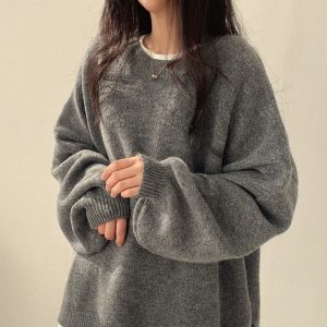 Women's Round-Neck Knit Sweater with Lantern Sleeves