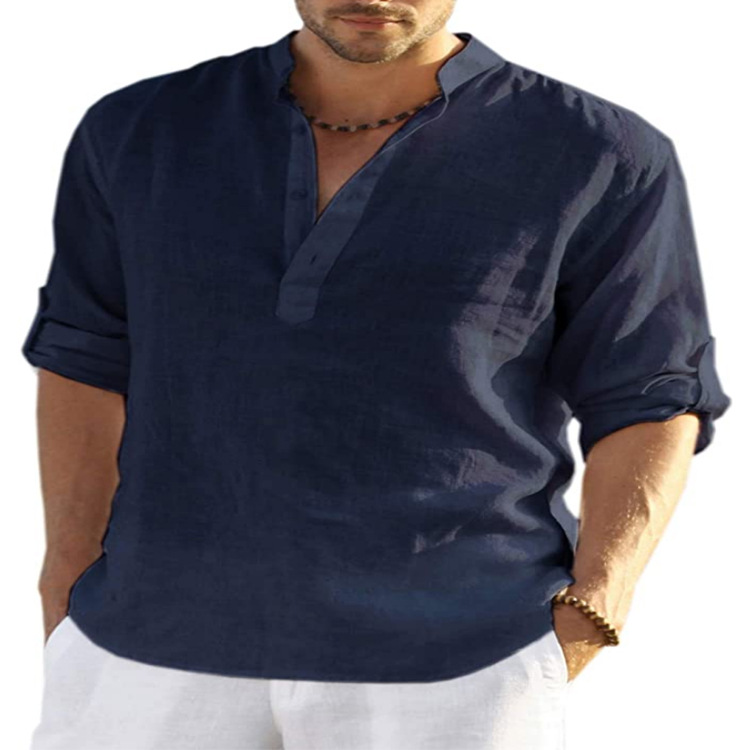 2022 foreign trade men's linen long-sleeved T-shirt loose undershirt solid color long-sleeved cotton and linen shirt men's large size dropshipping