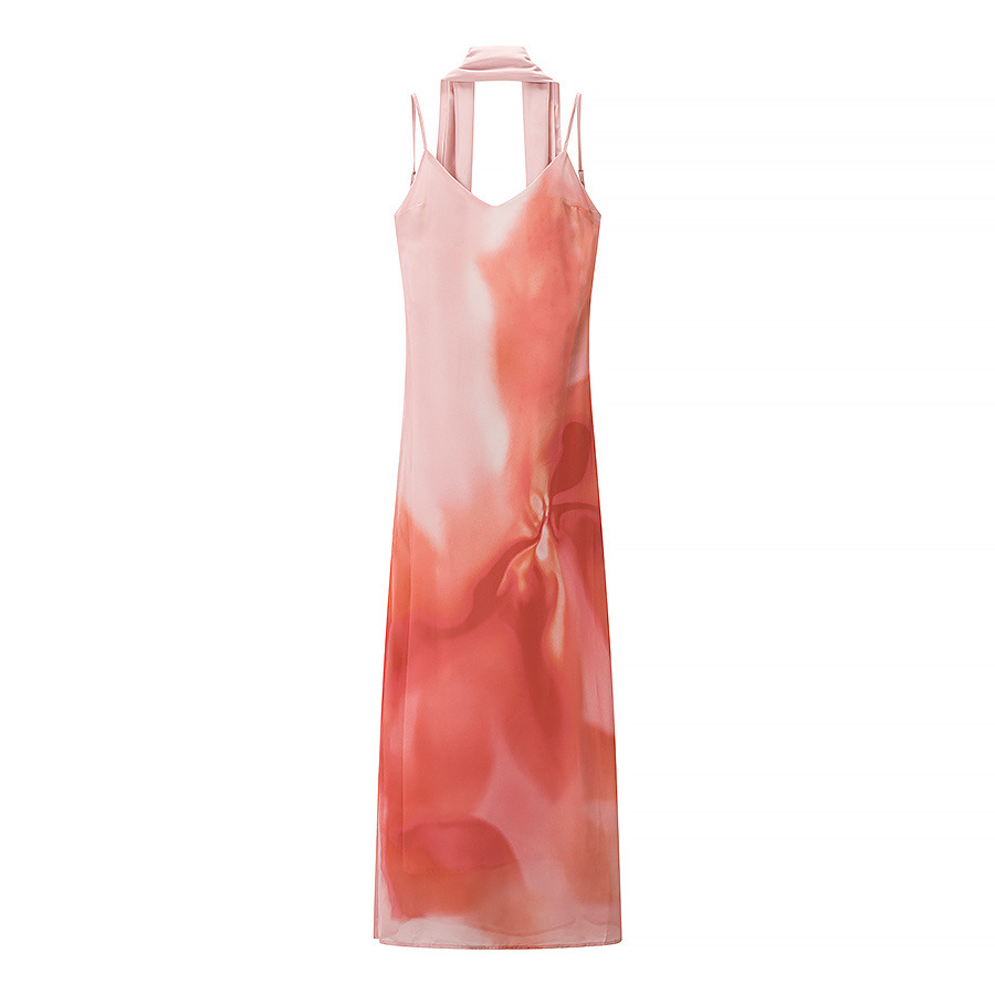 Cross-border 2025 Summer New Women's Clothing European and American Style Fashion Tie-Dye Print Camisole Scarf Accessories Long Dress - Image 3