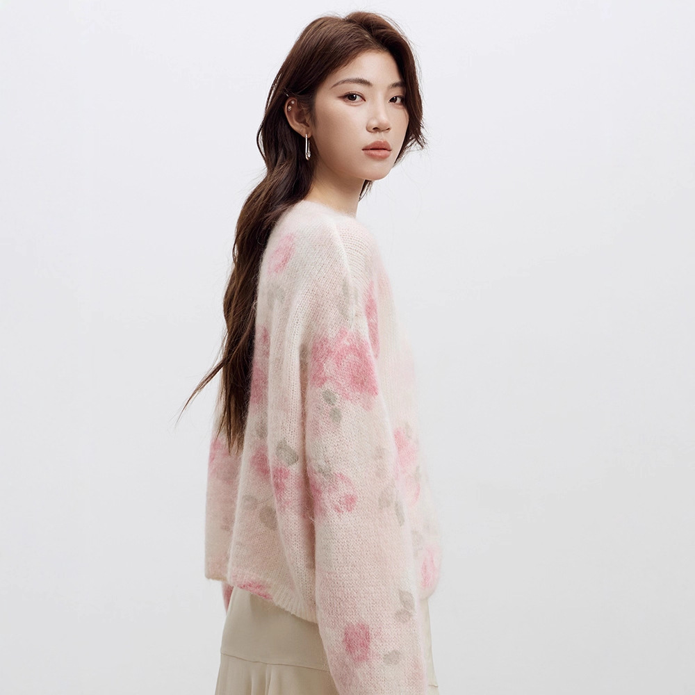 Rose Print Mohair Sweater Women's Long-Sleeved Knit Cardigan 2026 Spring New Style Soft and Loose Wool Coat - Image 5