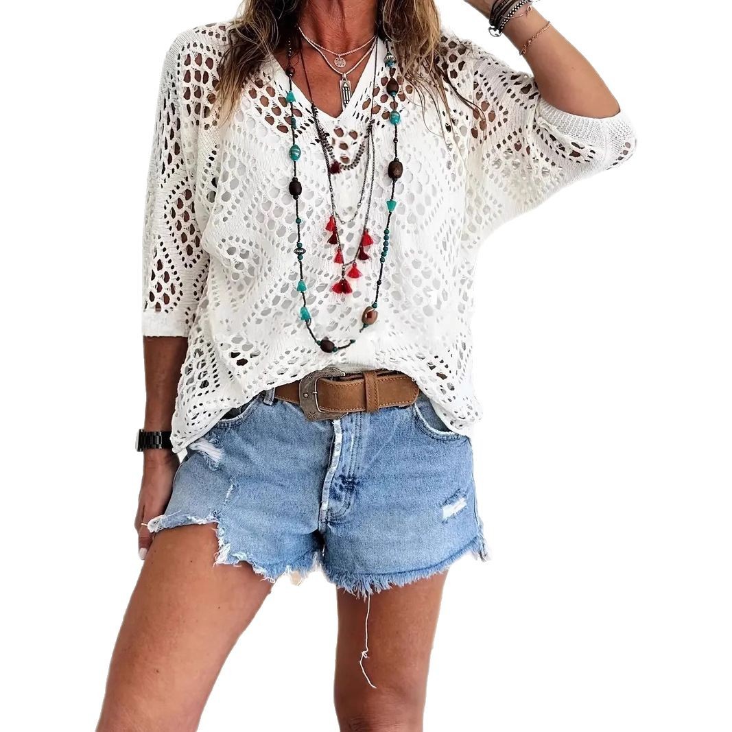 Cross-border e-commerce, Europe and America, Amazon Spring/Summer V-neck diamond-patterned openwork batwing sleeve women's sweater cover-up knitwear - Image 5
