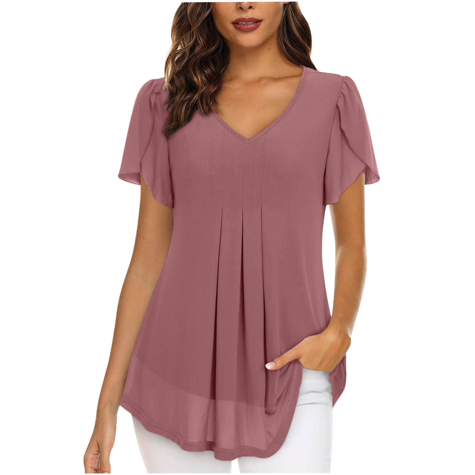 2023 European and American style women's chiffon blouse with petal-shaped short sleeves, waist-cinching top, summer casual T-shirt with pleats - Image 11