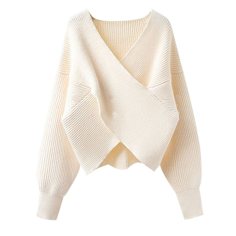 European and American cross-border autumn and winter off-shoulder crossover irregular sweater women's new loose short base knitwear - Image 5