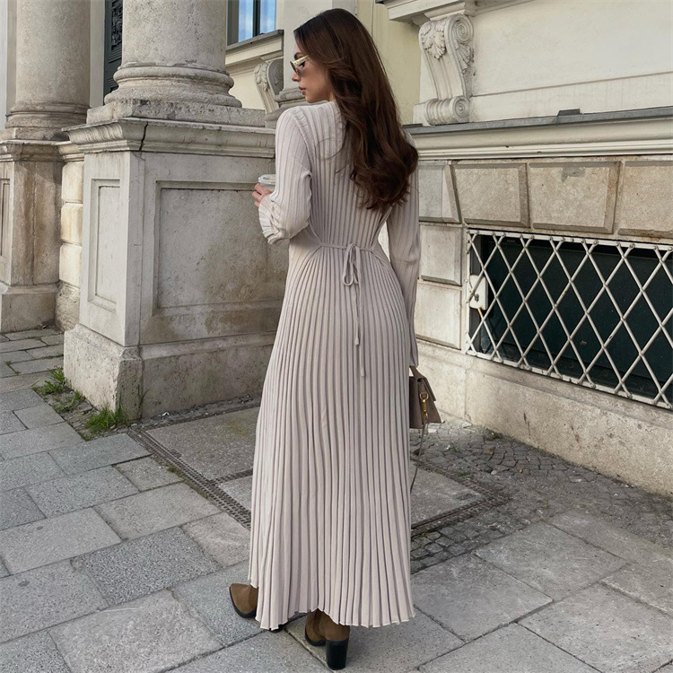 Long-sleeved round neck tight knitted long skirt 2023 new autumn sweater skirt pit solid color bottoming European and American dress - Image 8