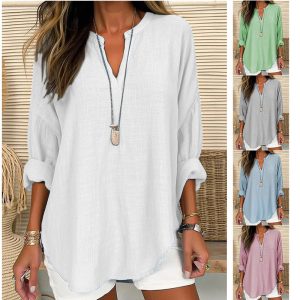 2023 cross-border foreign trade Europe and America hot-selling women's autumn and winter V-neck cotton and linen pure large size shirt