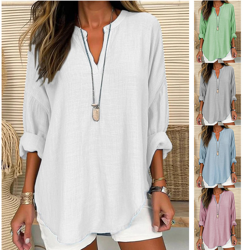 2023 cross-border foreign trade Europe and America hot-selling women's autumn and winter V-neck cotton and linen pure large size shirt