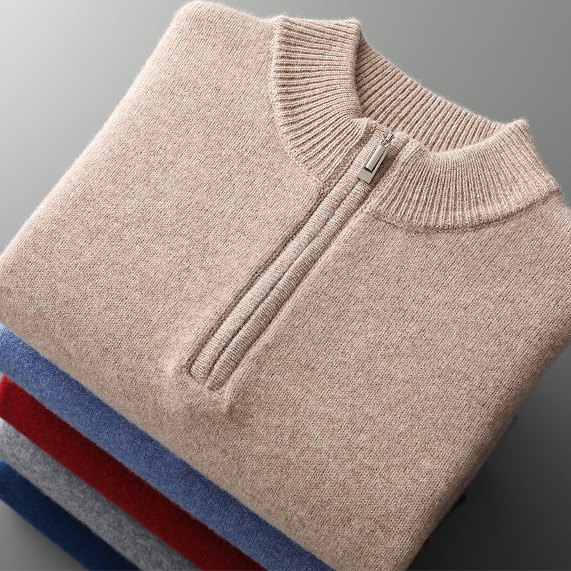 100% wool sweater men's half turtleneck zipper thickened bottoming sweater autumn and winter business casual solid color cashmere sweater - Image 4
