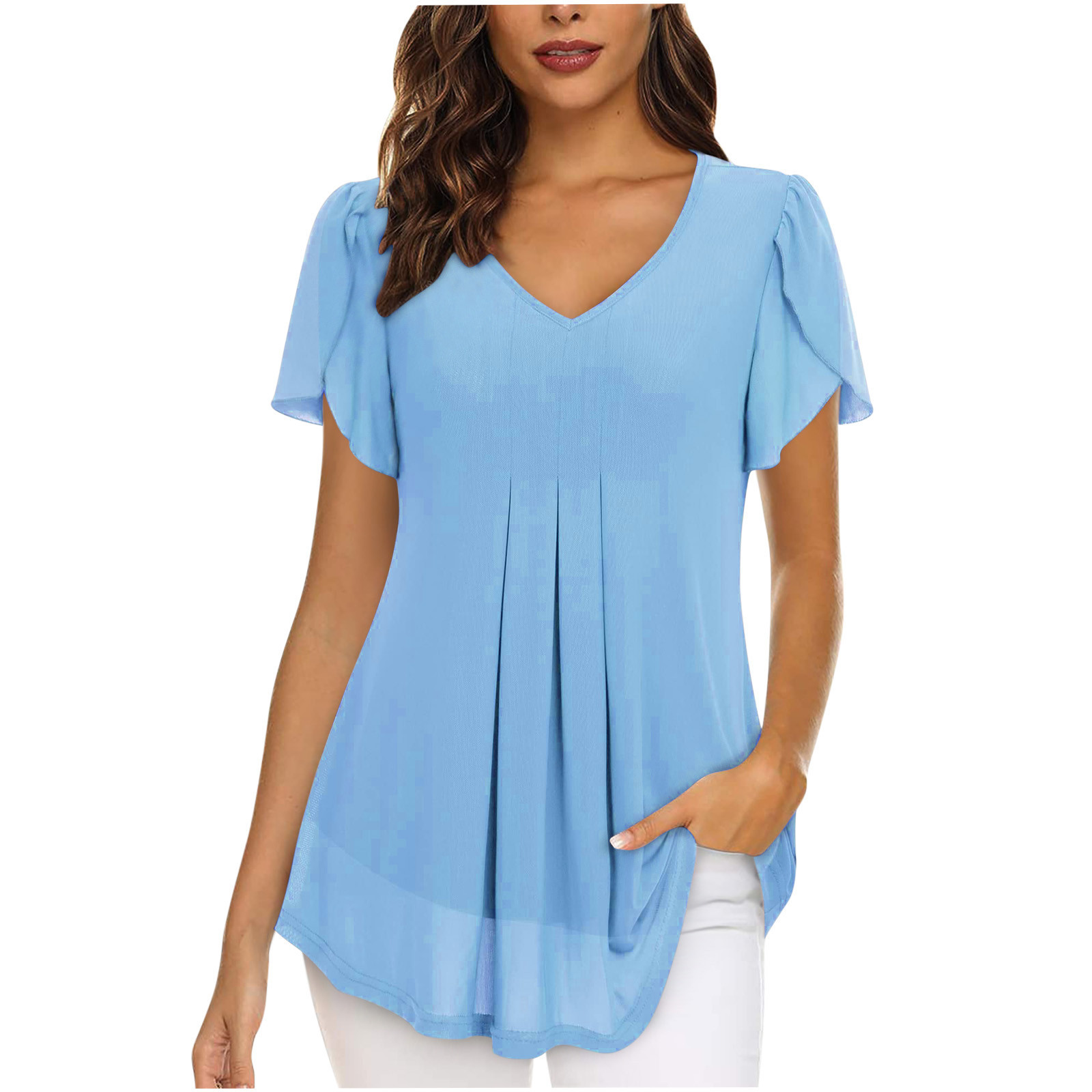 2023 European and American style women's chiffon blouse with petal-shaped short sleeves, waist-cinching top, summer casual T-shirt with pleats - Image 14