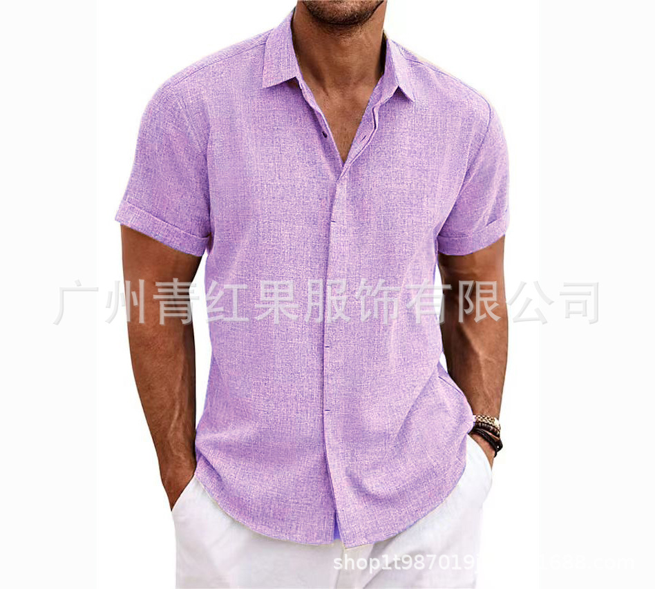 Men's linen short-sleeved T-shirt loose sweatshirt solid color short-sleeved cotton and linen shirt men's beach large size men's short-sleeved shirt - Image 15