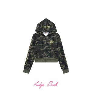 Fudge Pink 2025 Fall New Arrival American Hot Girl Personalized Print Camouflage Hooded Sweatshirt Cardigan
